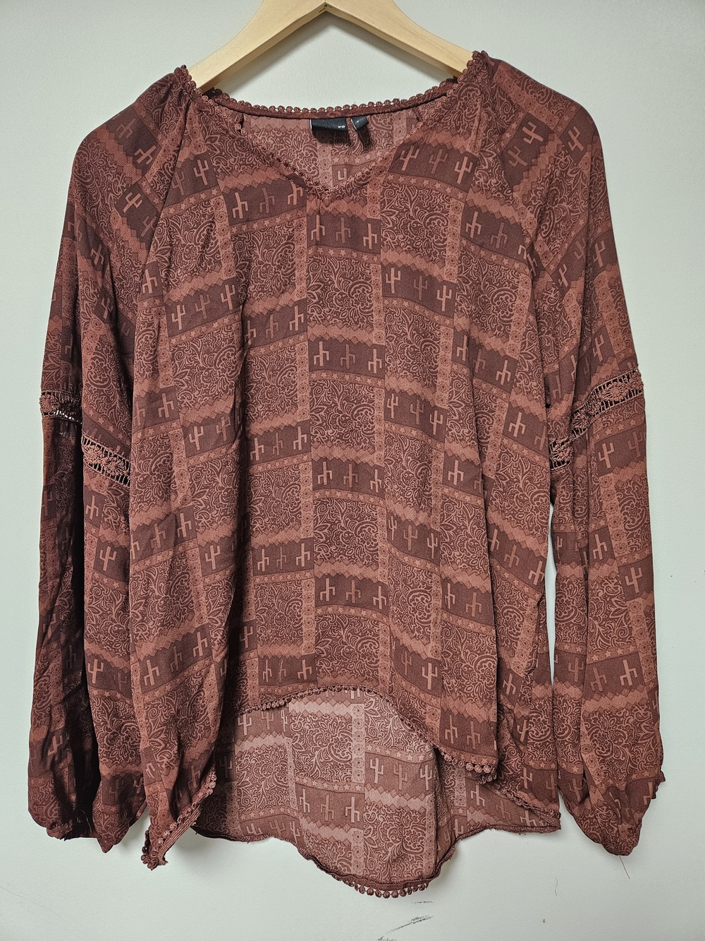 Boho Rust Red Patchwork Style Long-Sleeve Women's Blouse